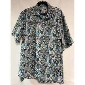Joseph Abboud Mens 2XLT Blue Green Tropical Leaf Non-Iron Cotton SS Button Down